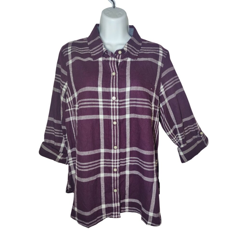 Tommy‎ Hilfiger Purple White Plaid Women's Button Up Top Roll-Tab Cotton M NWT